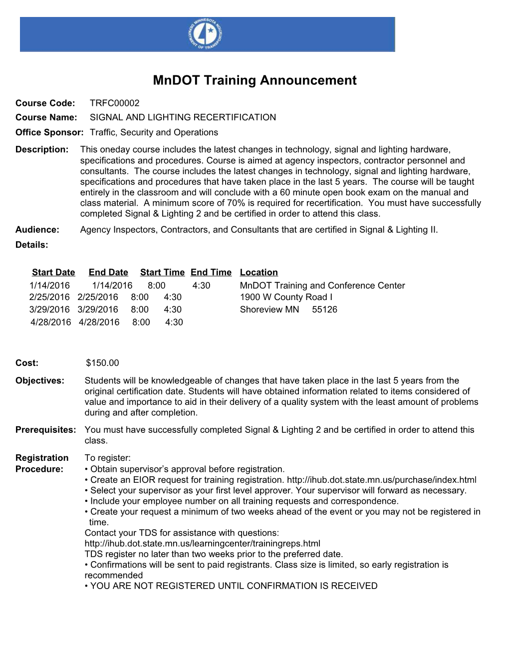 Mndot Training Announcement