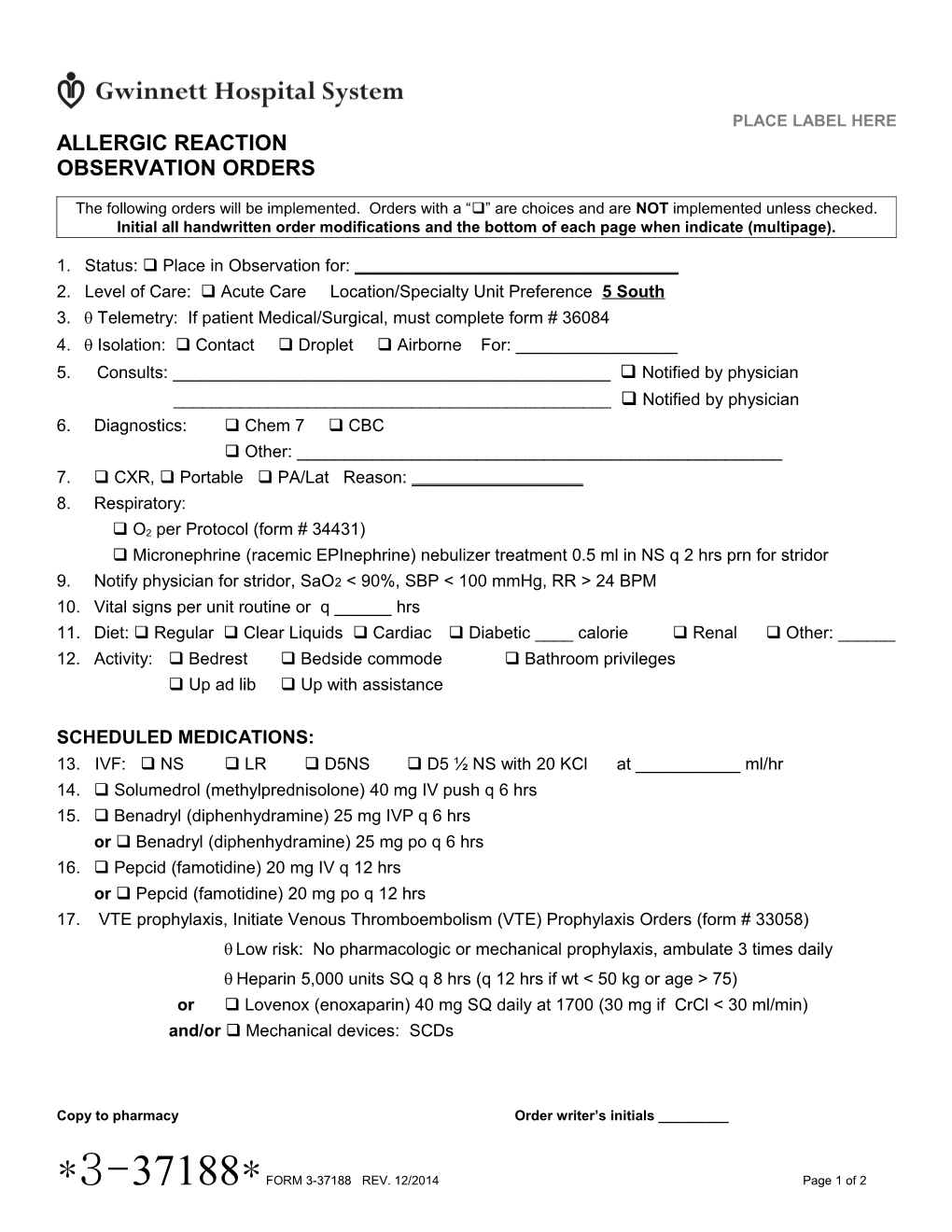 Allergic Reaction Observation Orders