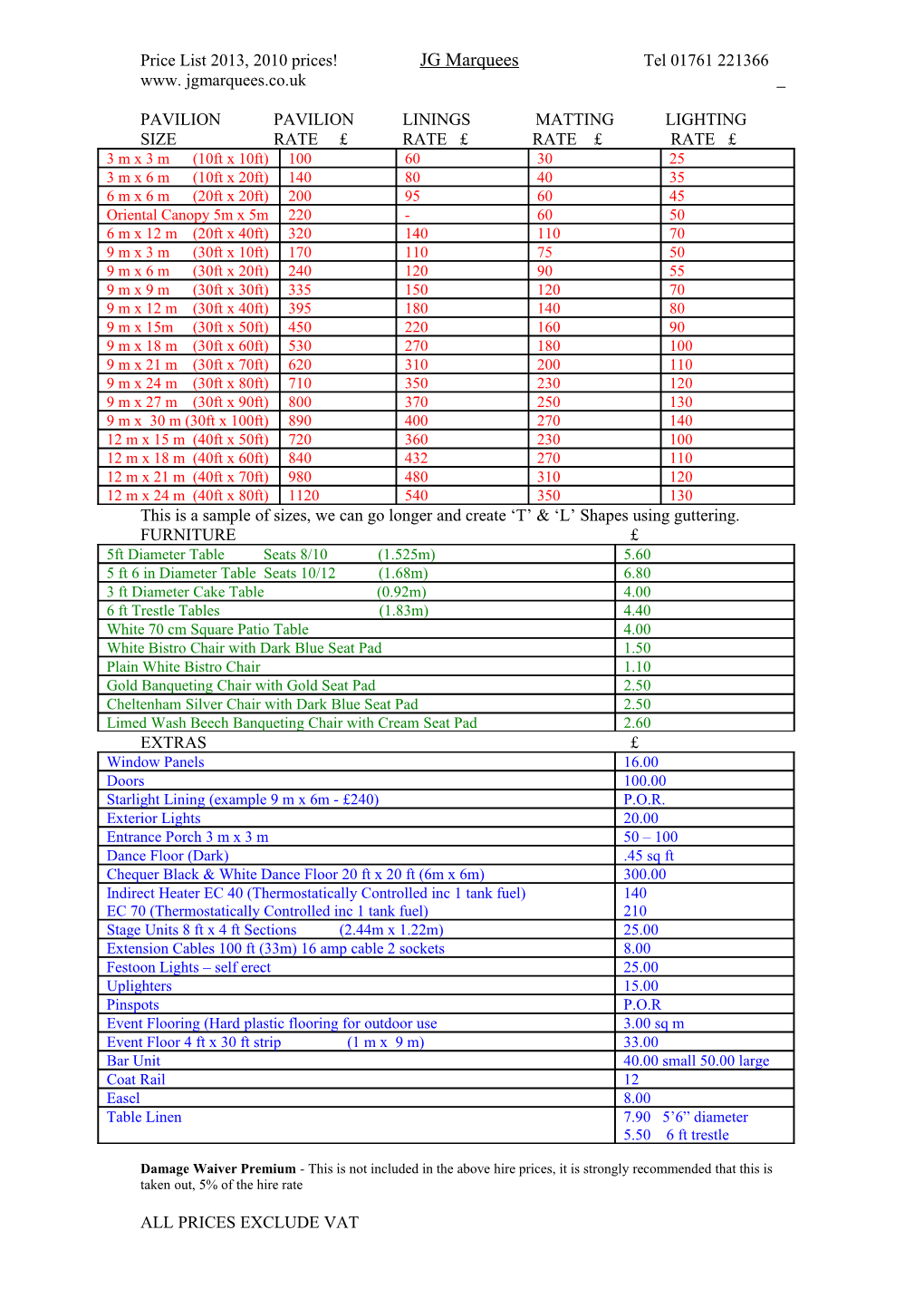 Price List 2013, 2010 Prices!JG Marqueestel 01761 221366