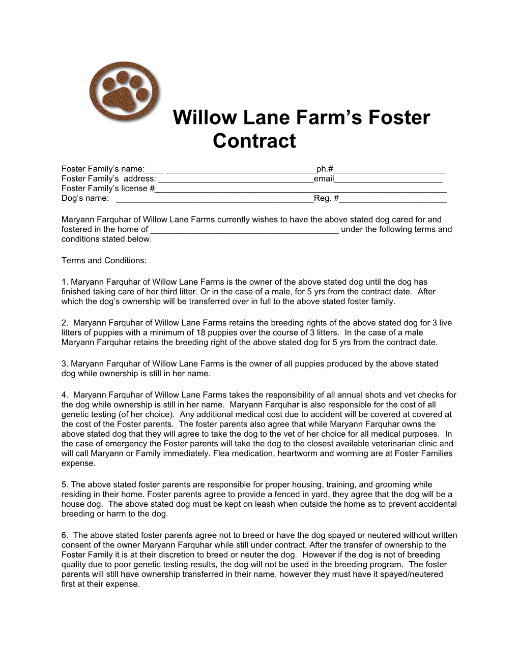 Willow Lane Farm S Foster Contract