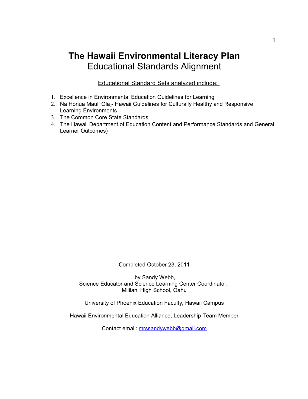 The Hawaii Environmental Literacy Plan