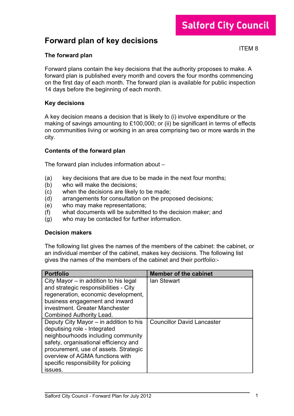 Local Government Act 2000 - Forward Plan