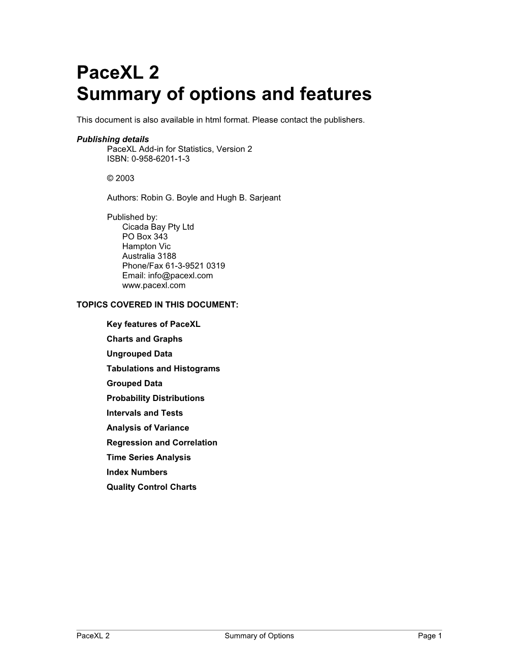 Pacexl Version 2 - Summary of Statistics and Chart Options