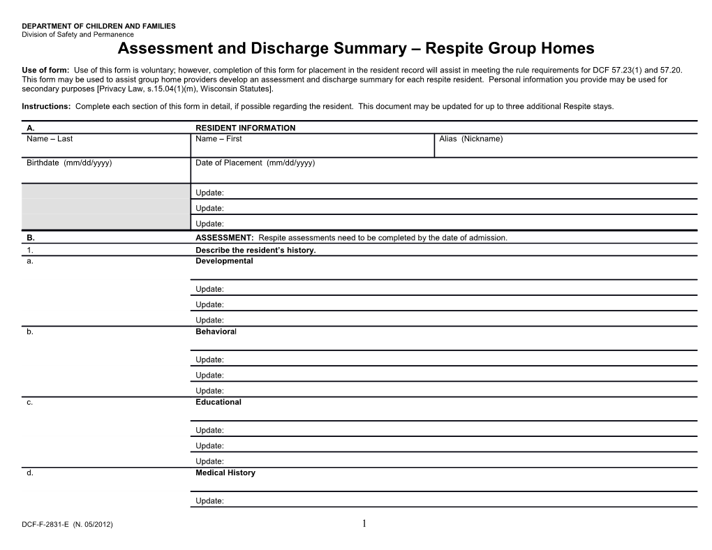 Assessment, Treatment Plan and Discharge Plan - Group Foster Homes for Children, CFS-2430