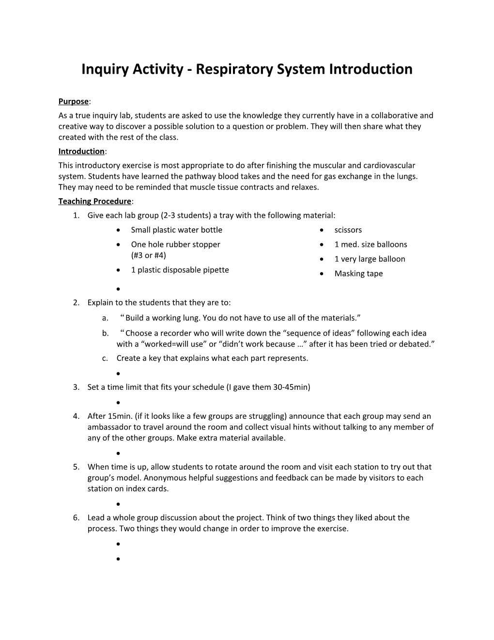 Inquiry Activity - Respiratory System Introduction