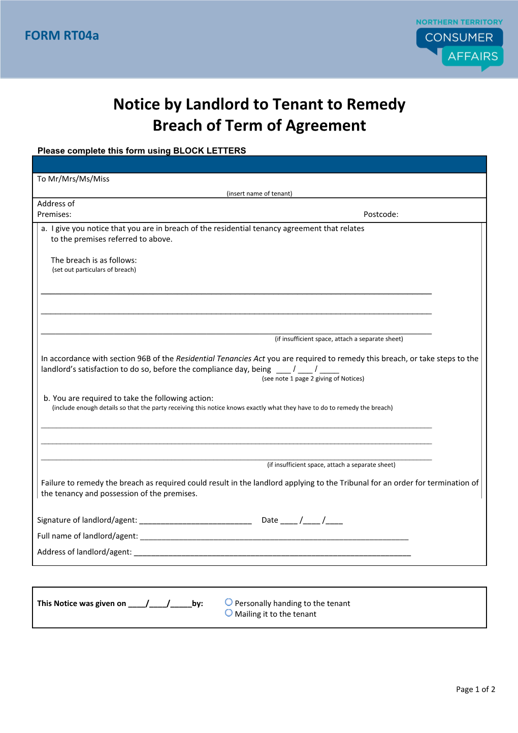 Form RT04 - Notice to Remedy Breach by Landlord