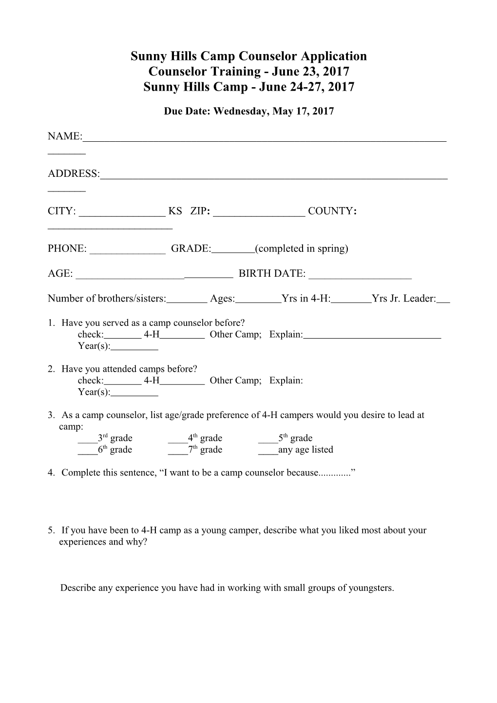 Sunny Hills Camp Counselor Application