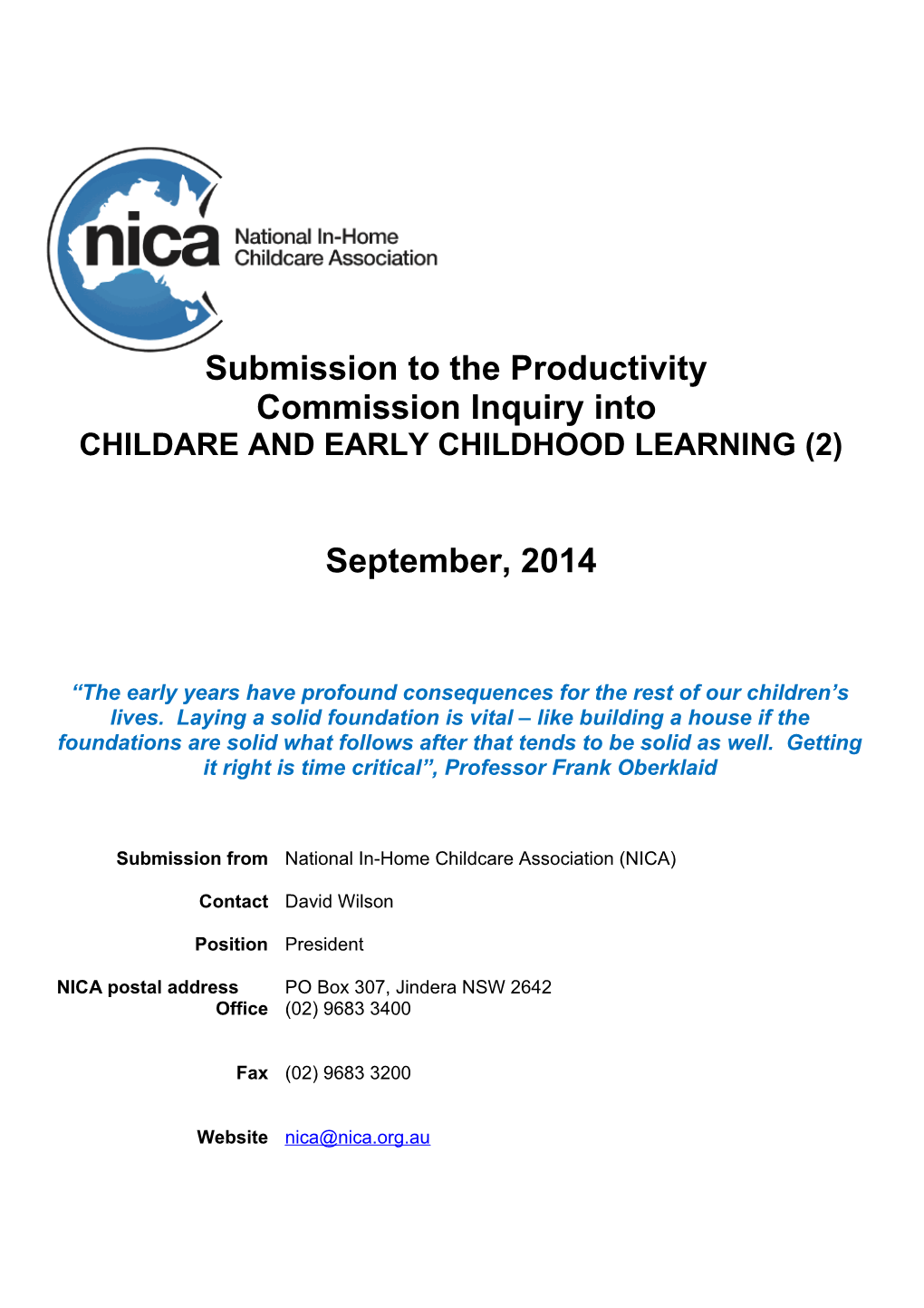 Submission DR600 - National in Home Child Care Association - Childcare and Early Childhood