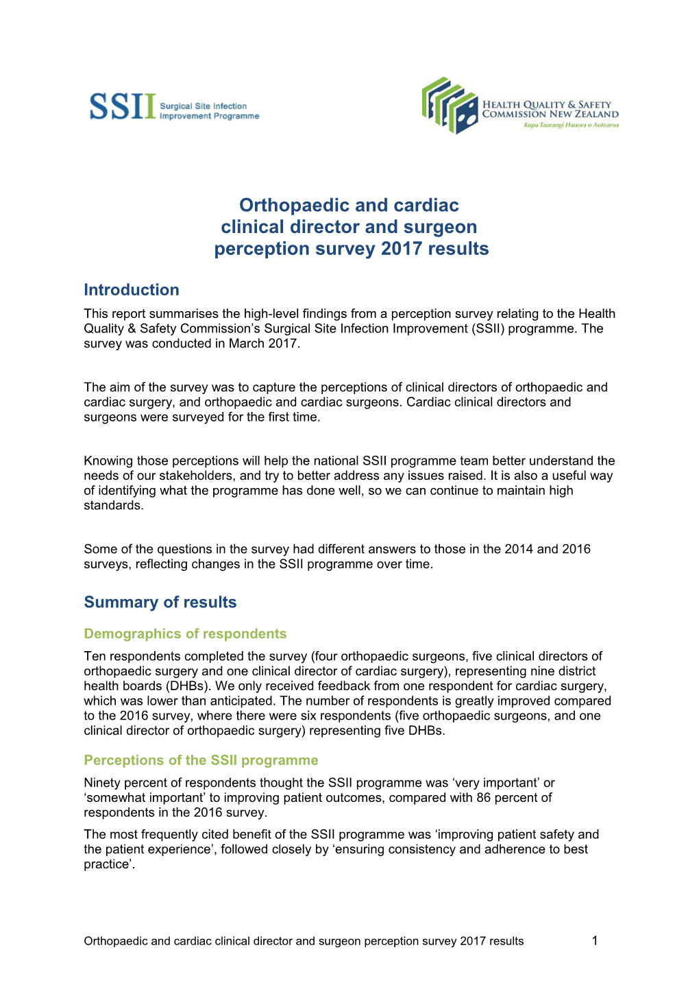 Orthopaedic and Cardiac Clinical Director and Surgeon Perception Survey 2017 Results