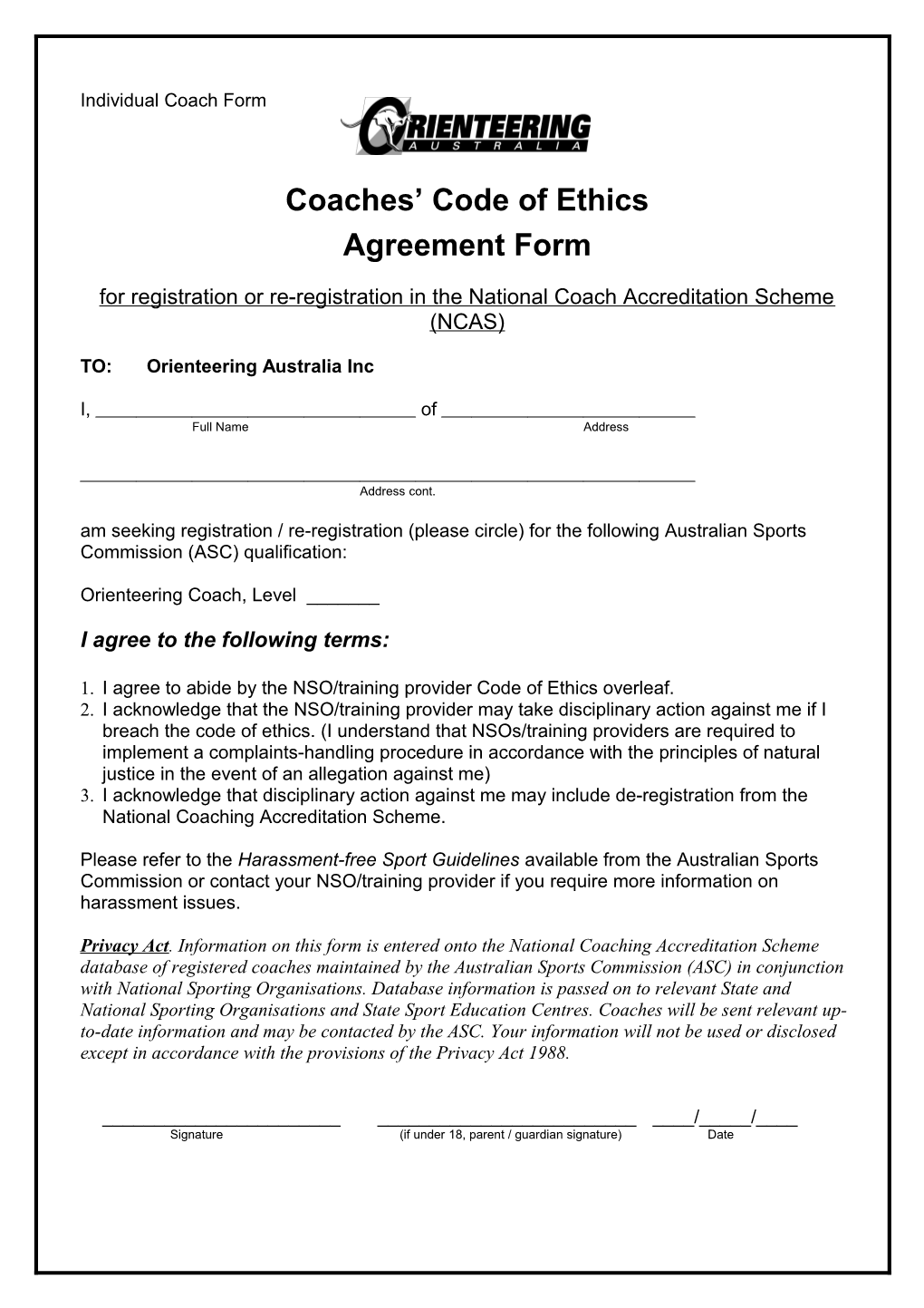ACC Policy on the Coach S Code of Ethics Agreement
