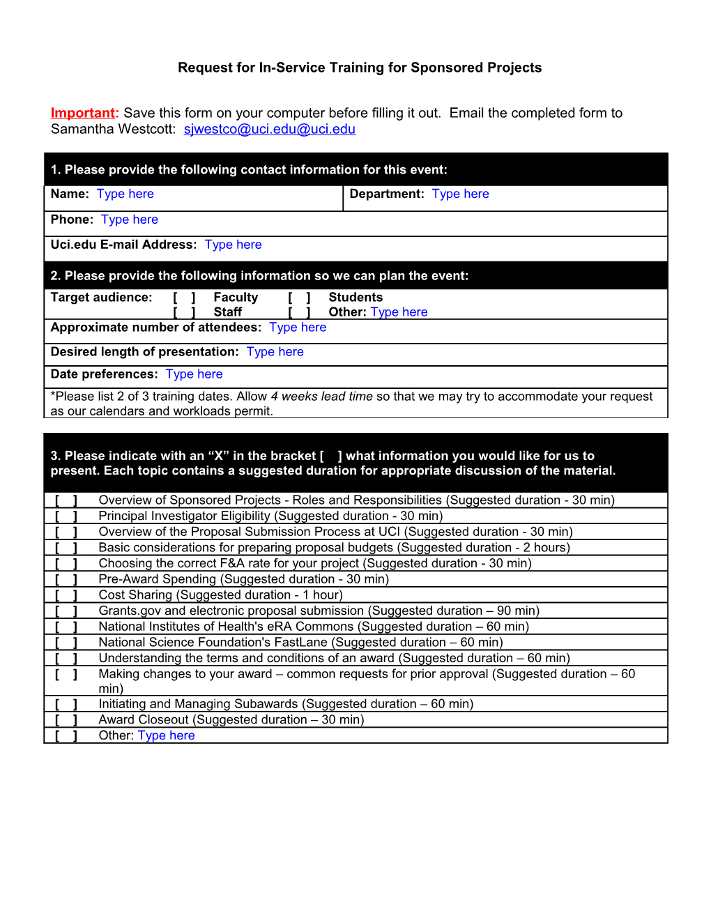 Request for In-Service Training for Conducting Human Research