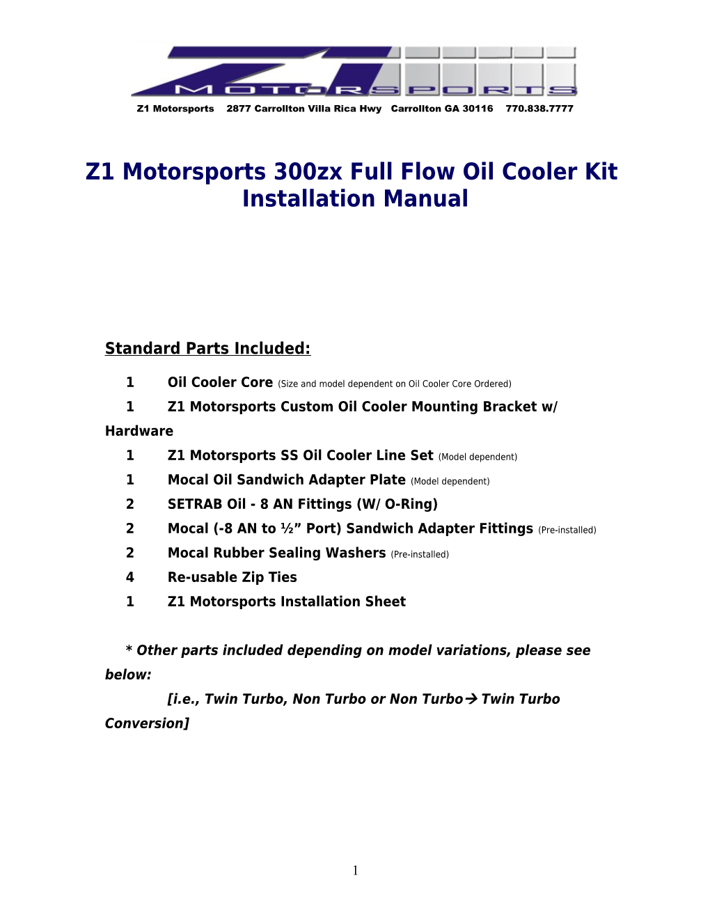 Z1 Motorsports 300Zx Full Flow Oil Cooler Kit