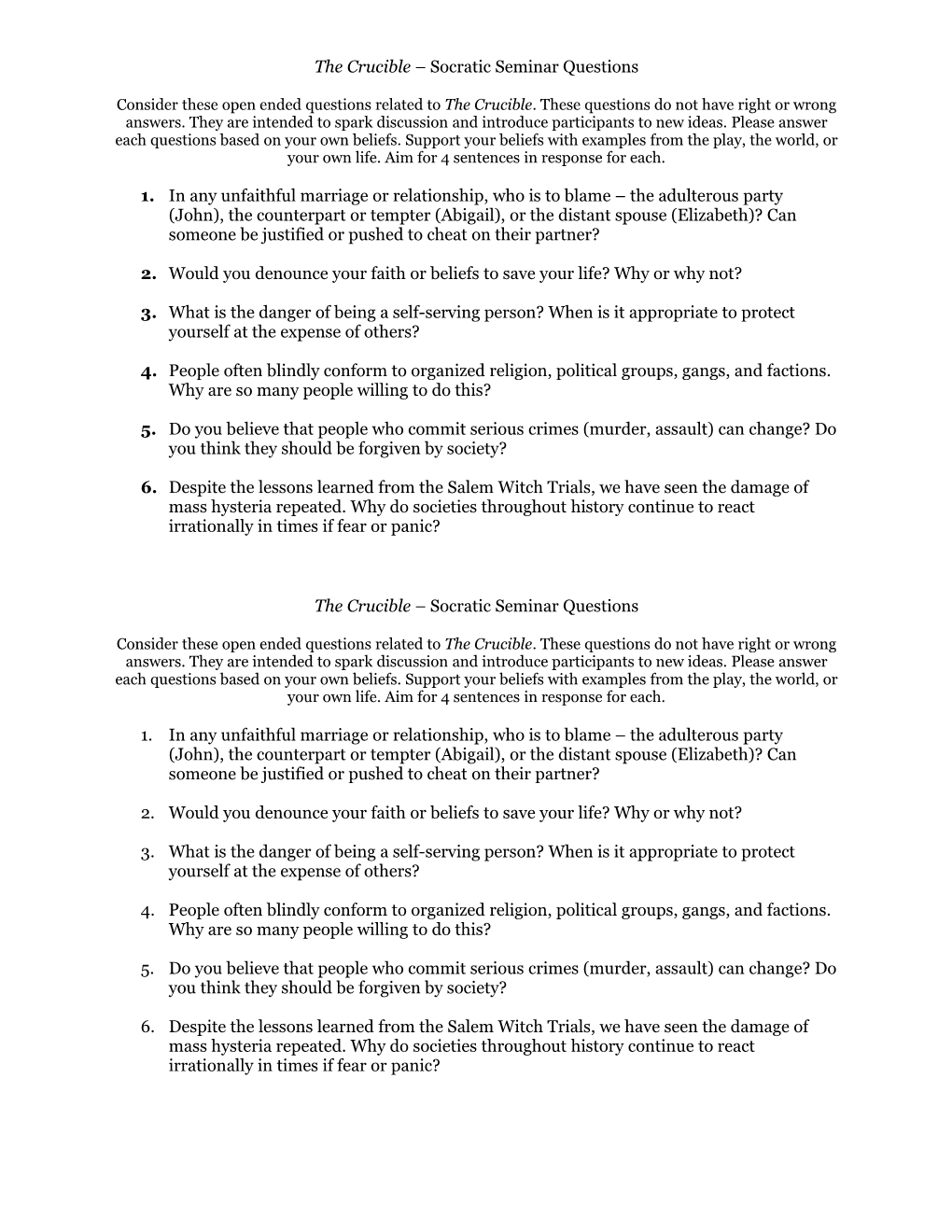 The Crucible Socratic Seminar Questions