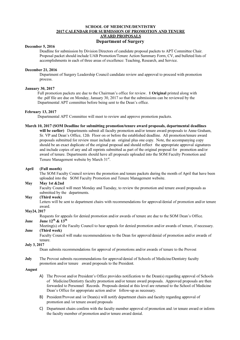 2017 Calendar for Submission of Promotion and Tenure Award Proposals