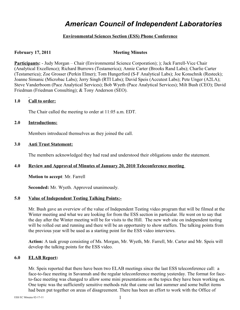 Environmental Sciences Section (ESS) Phone Conference