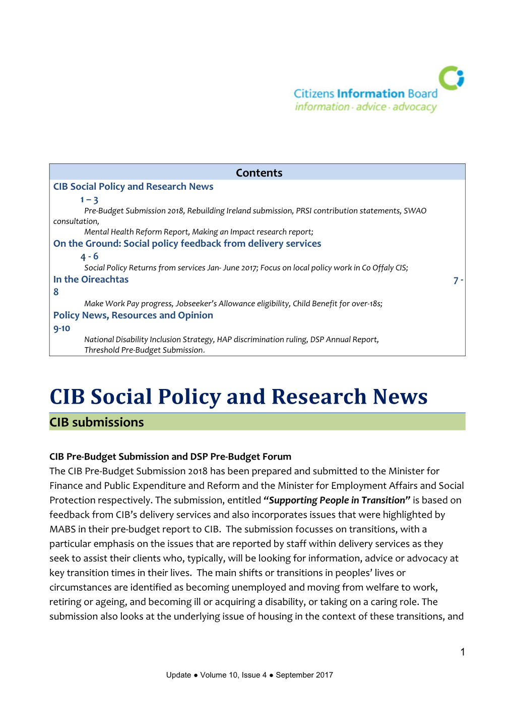 CIB Social Policy and Research News 1 3