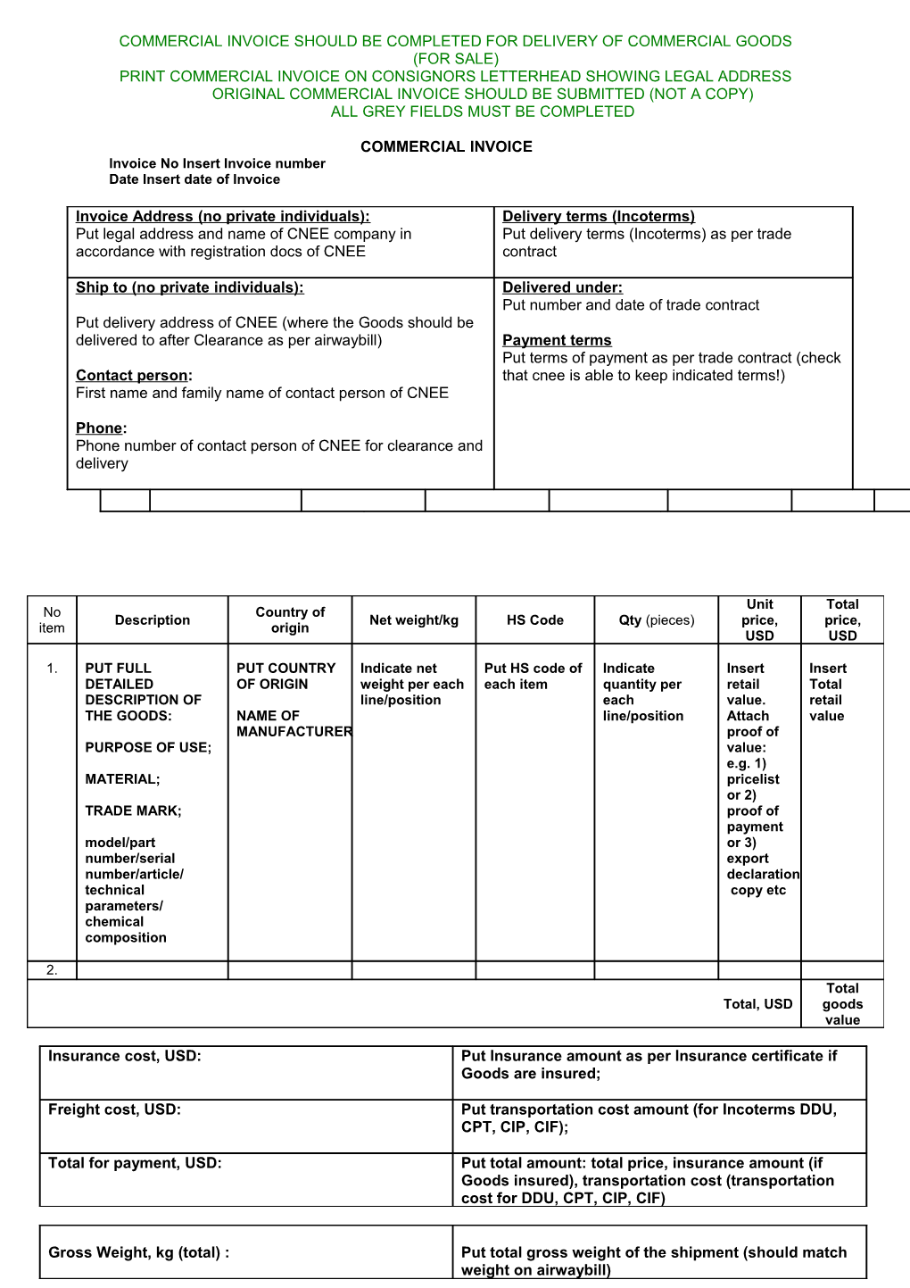 Commercial Invoice Should Be Completed for Delivery of Commercial Goods (For Sale)