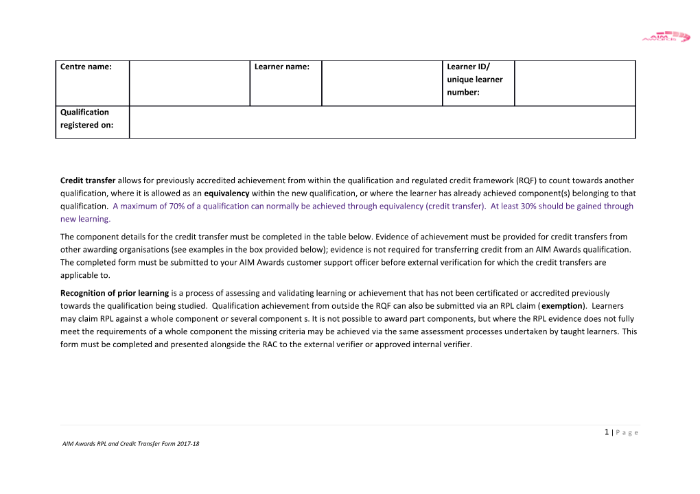 Thelearner Listed Above Has Submitted Evidence of Achievement in Support of a Claim For