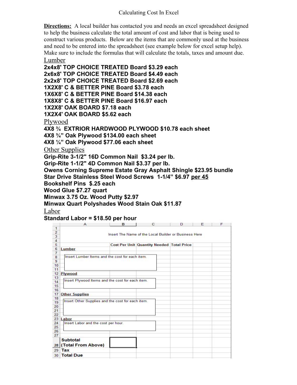 Calculating Cost in Excel