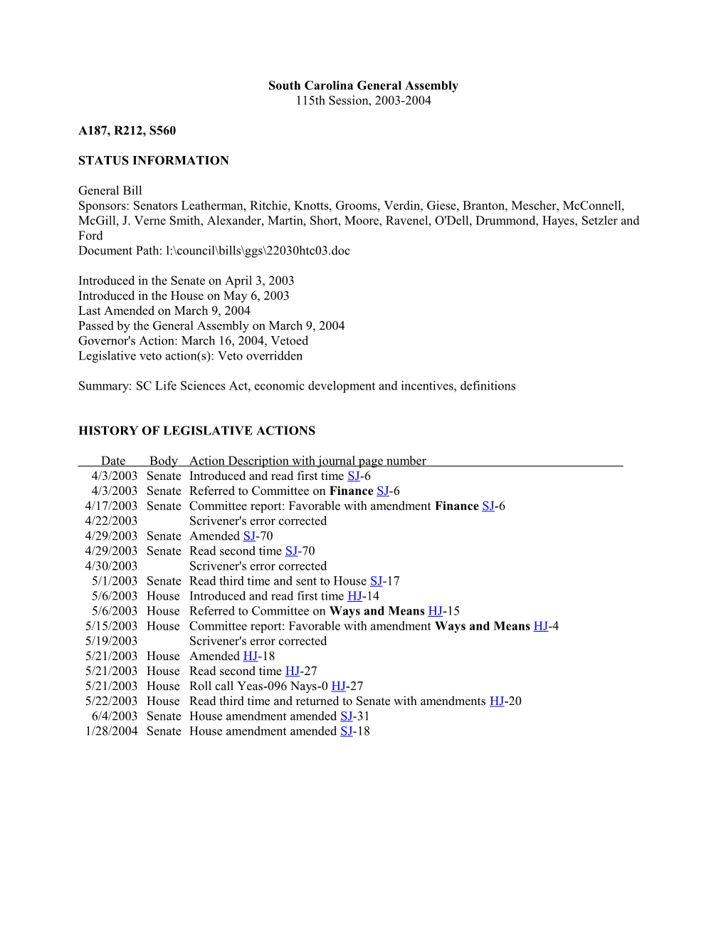 2003-2004 Bill 560: SC Life Sciences Act, Economic Development and Incentives, Definitions