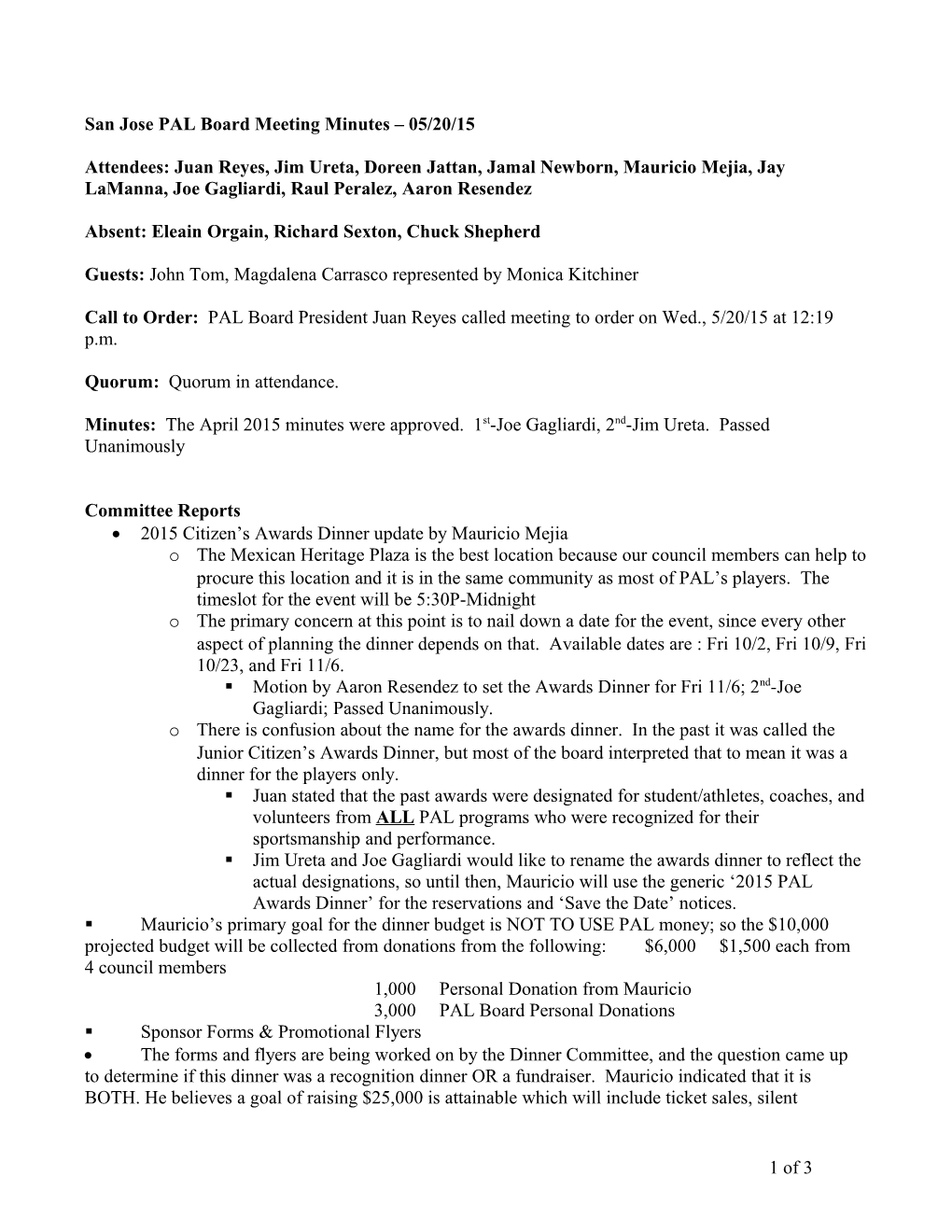 San Jose PAL Board Meeting Minutes 04/29/2014