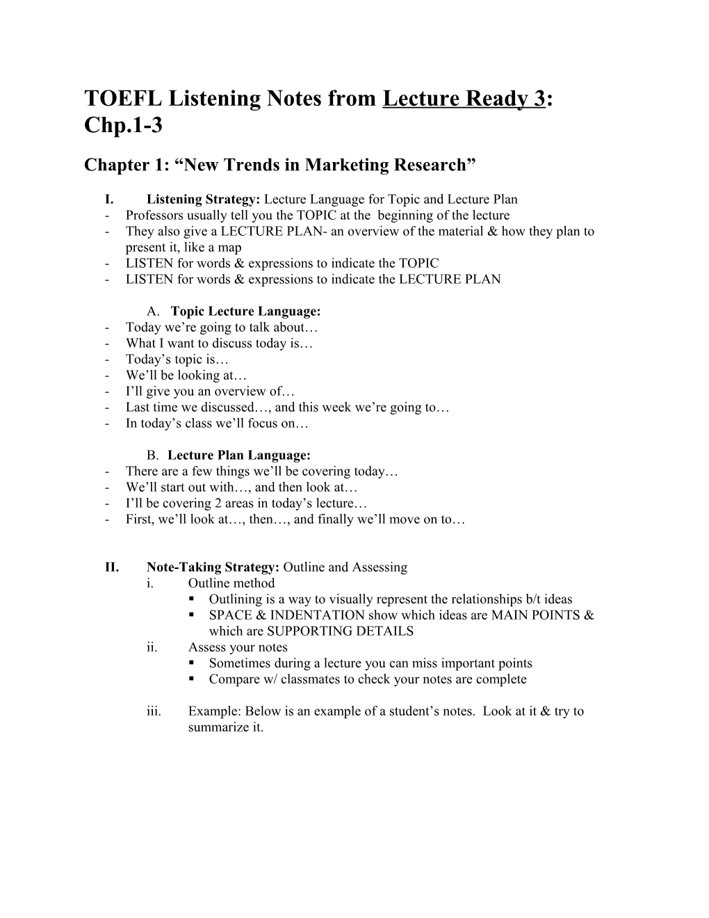 TOEFL Listening Notes from Lecture Ready 3: Chp.1-3