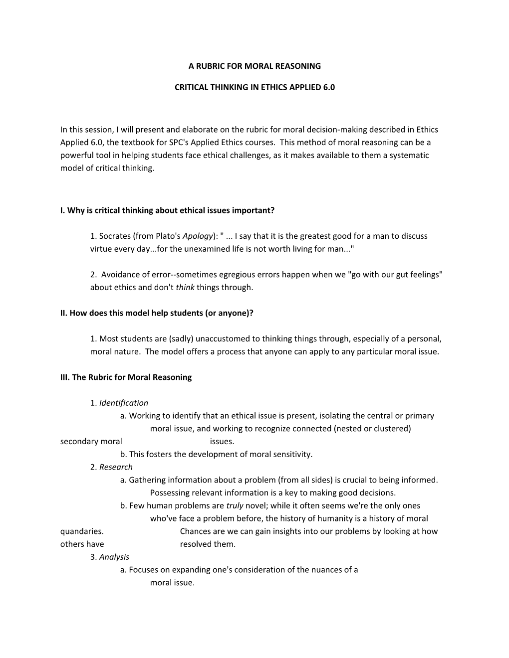 A Rubric for Moral Reasoning
