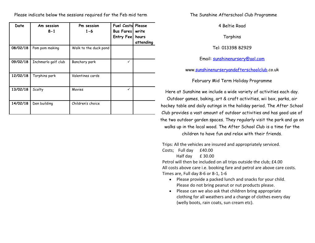 Please Indicate Below the Sessions Required for the Febmid Term