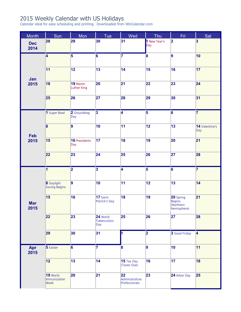 2015 Weekly Calendar with Holidays from Wincalendar.Com