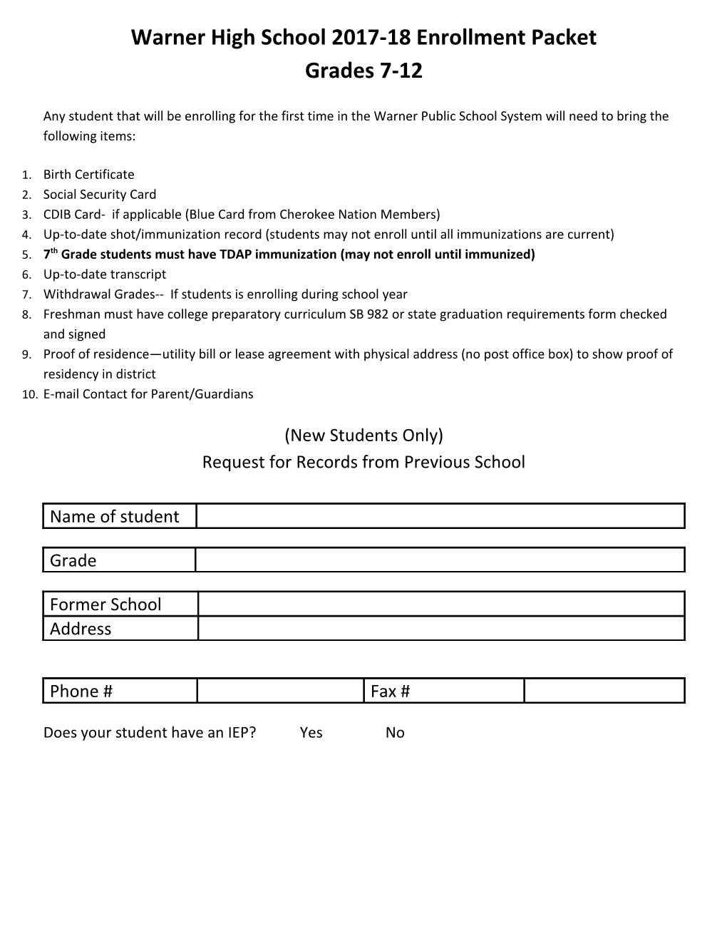 Warner High School 2017-18 Enrollment Packet