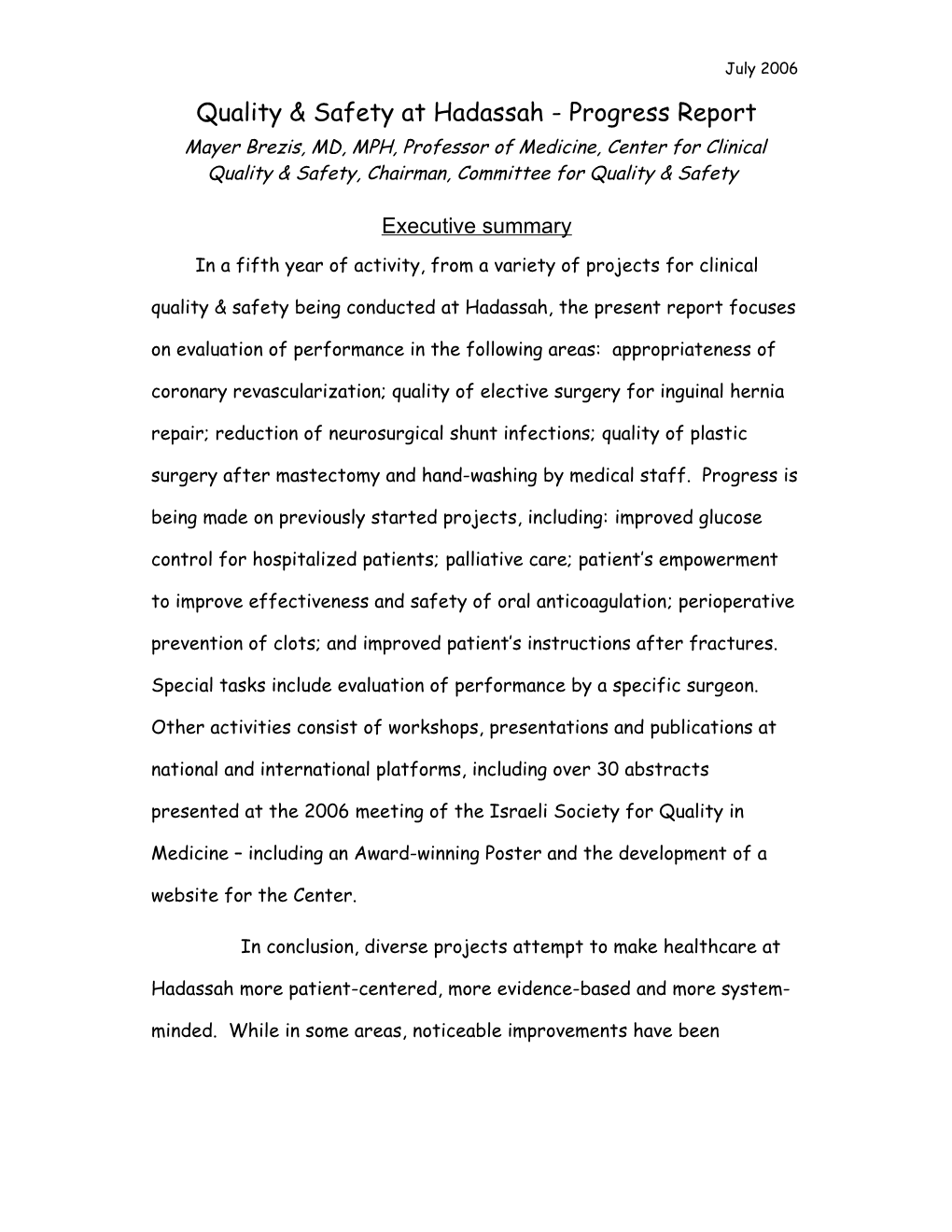 Proposal for Hadassah-Hebrew University Center for Evidence Based Practice (EBP)