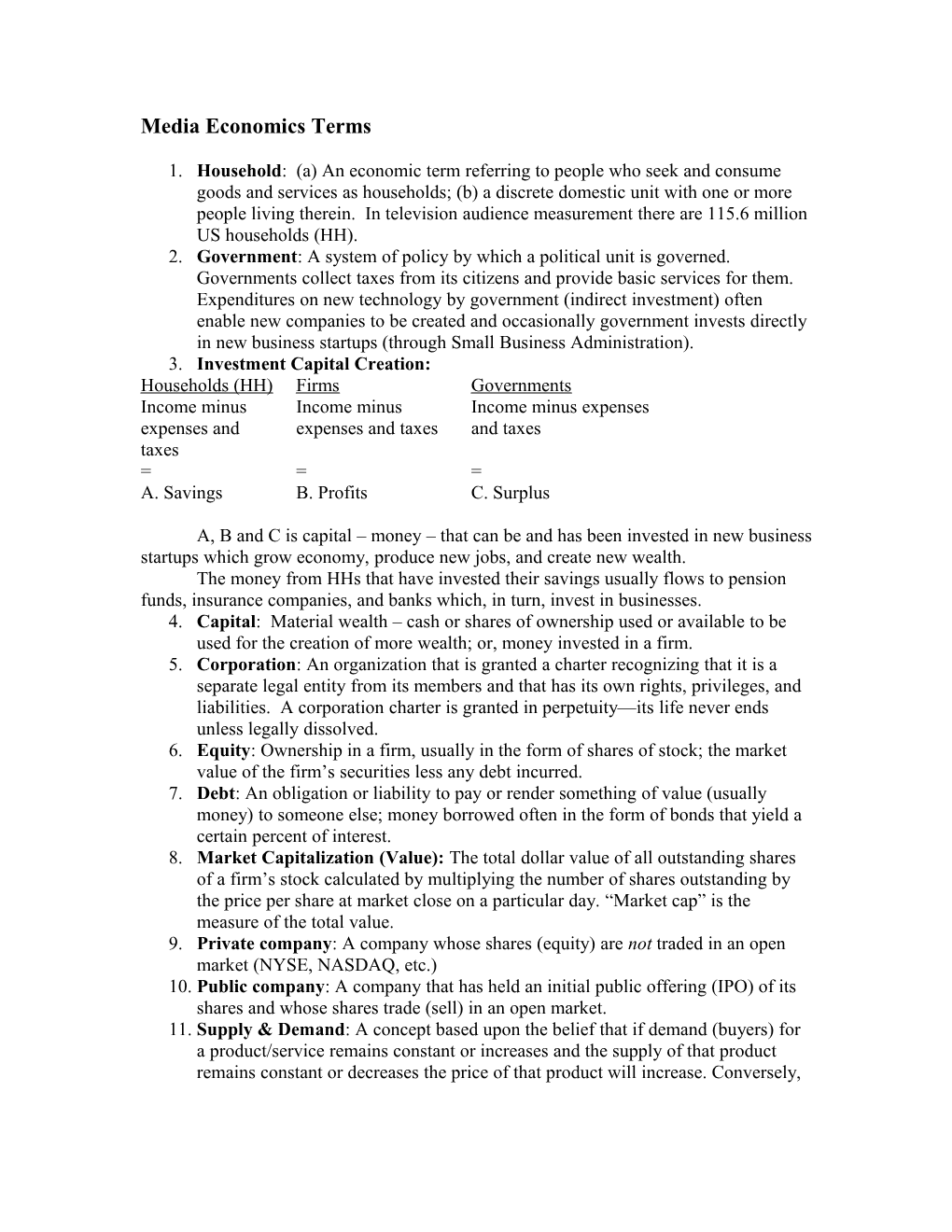 Media Industry Perspectives and Media Economics Terms