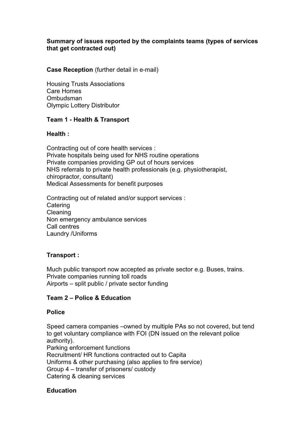 Summary of Issues Reported by the Complaints Teams (Types of Services That Get Contracted Out)