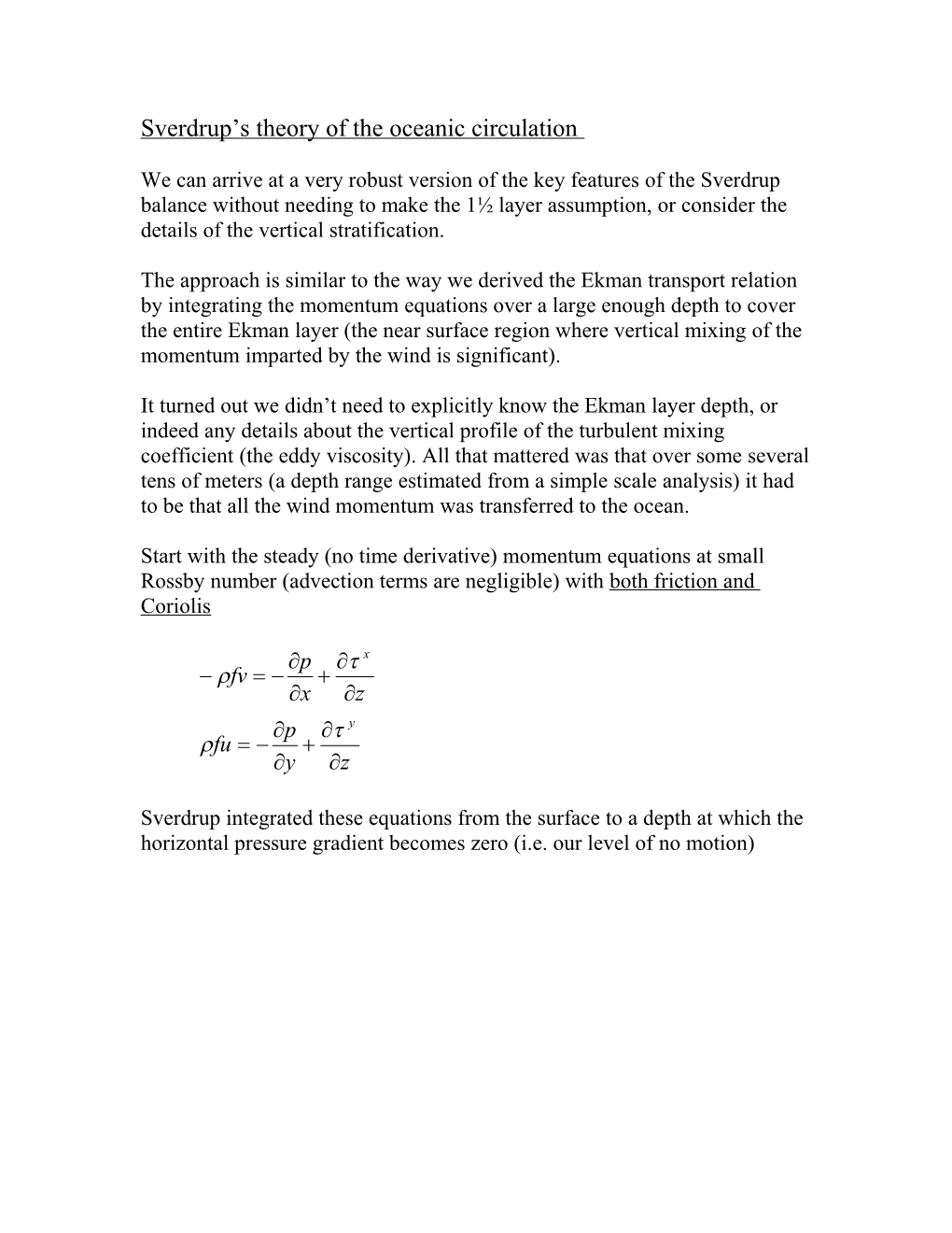 Nov 18: Sverdrup S Theory of the Oceanic Circulation