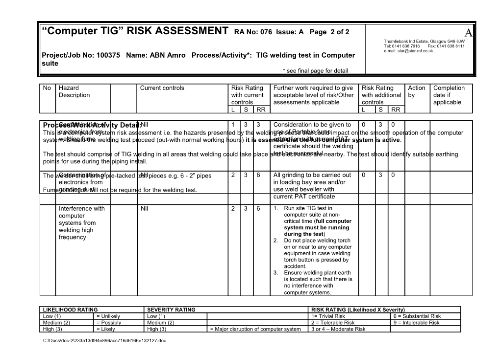 Computer TIG RISK ASSESSMENTRA No: 076 Issue: a Page 1 of 2