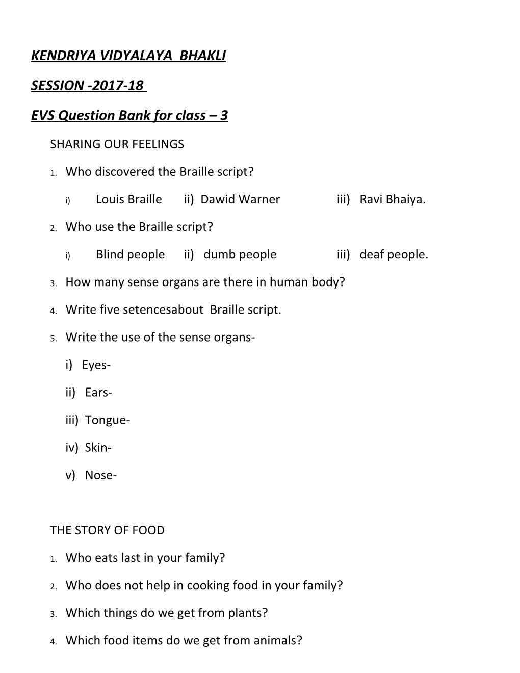 EVS Question Bank for Class 3