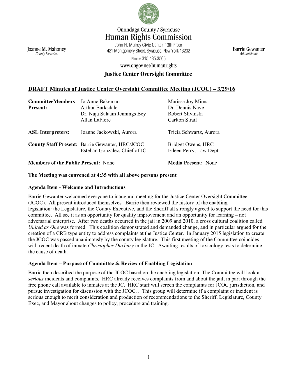 DRAFT Minutes of Justice Center Oversight Committee Meeting (JCOC) 3/29/16