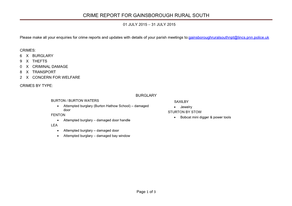 Crime Report for Gainsborough Rural South