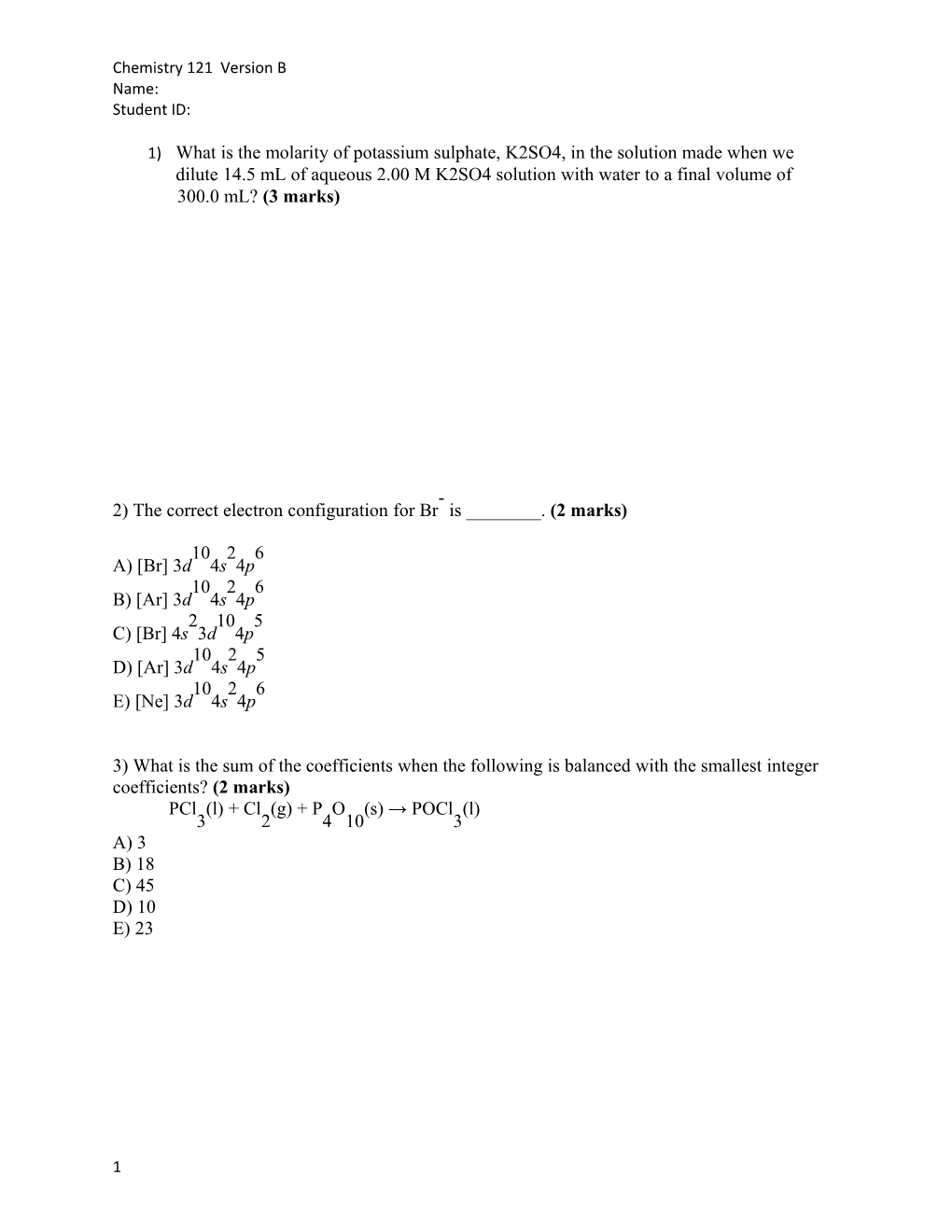 Chemistry 121 Version B