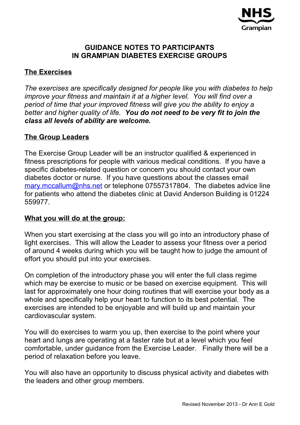Guidance Notes to Participants in Diabetes Fitness Classes