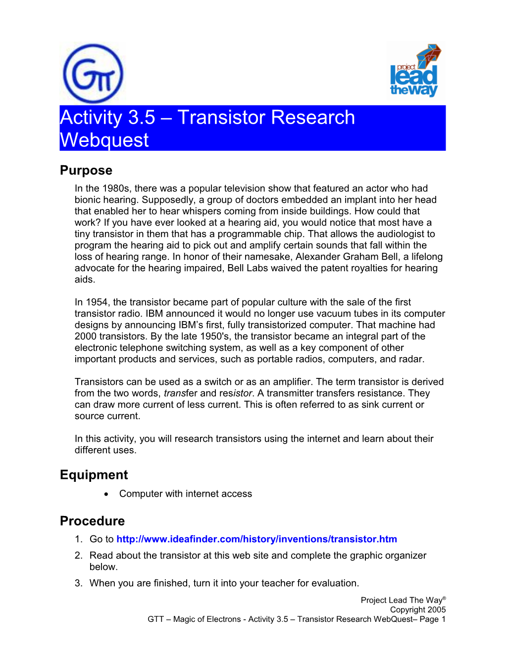 Activity 3.5 Transistor Research Webquest