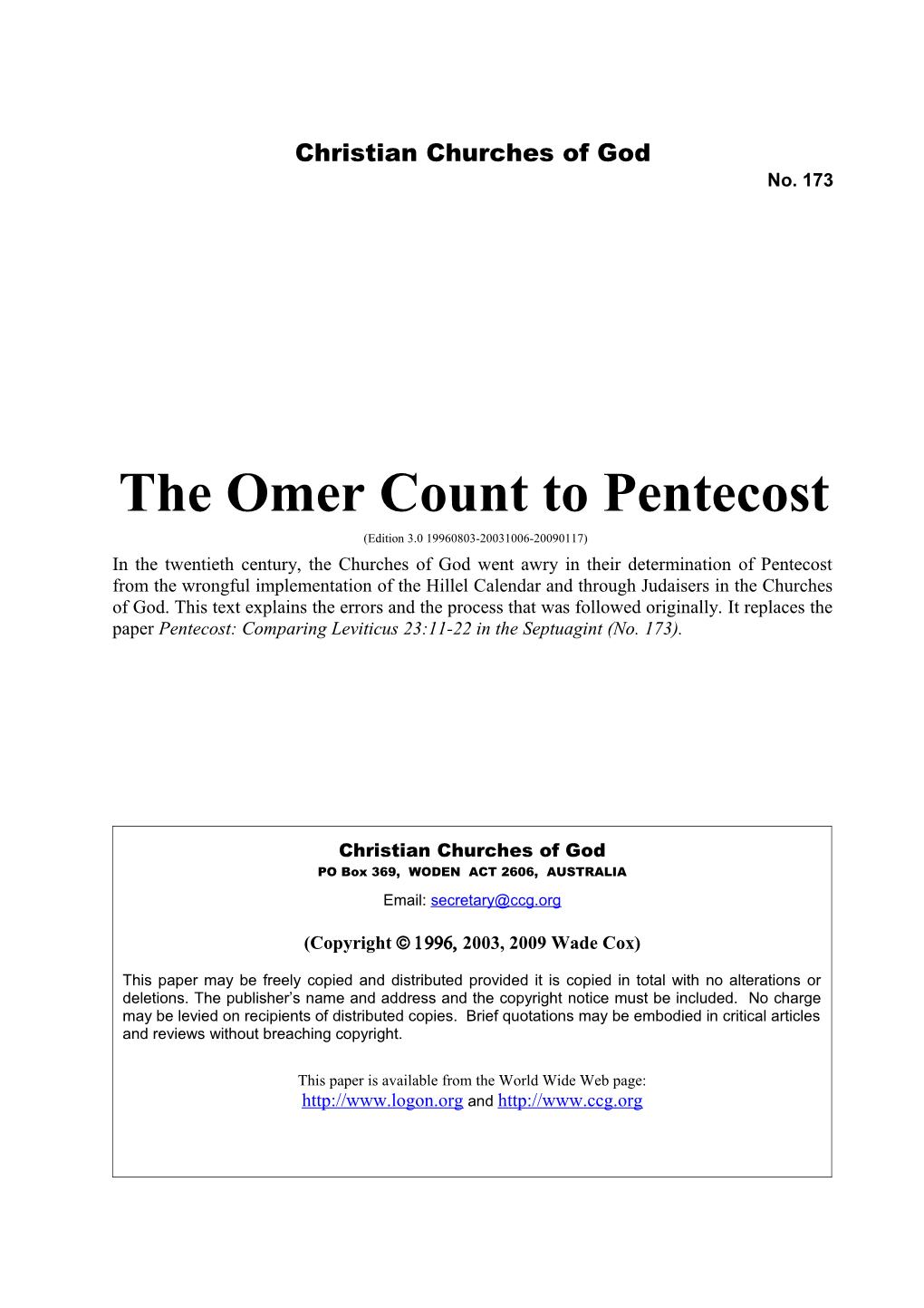 The Omer Count to Pentecost (No. 173)