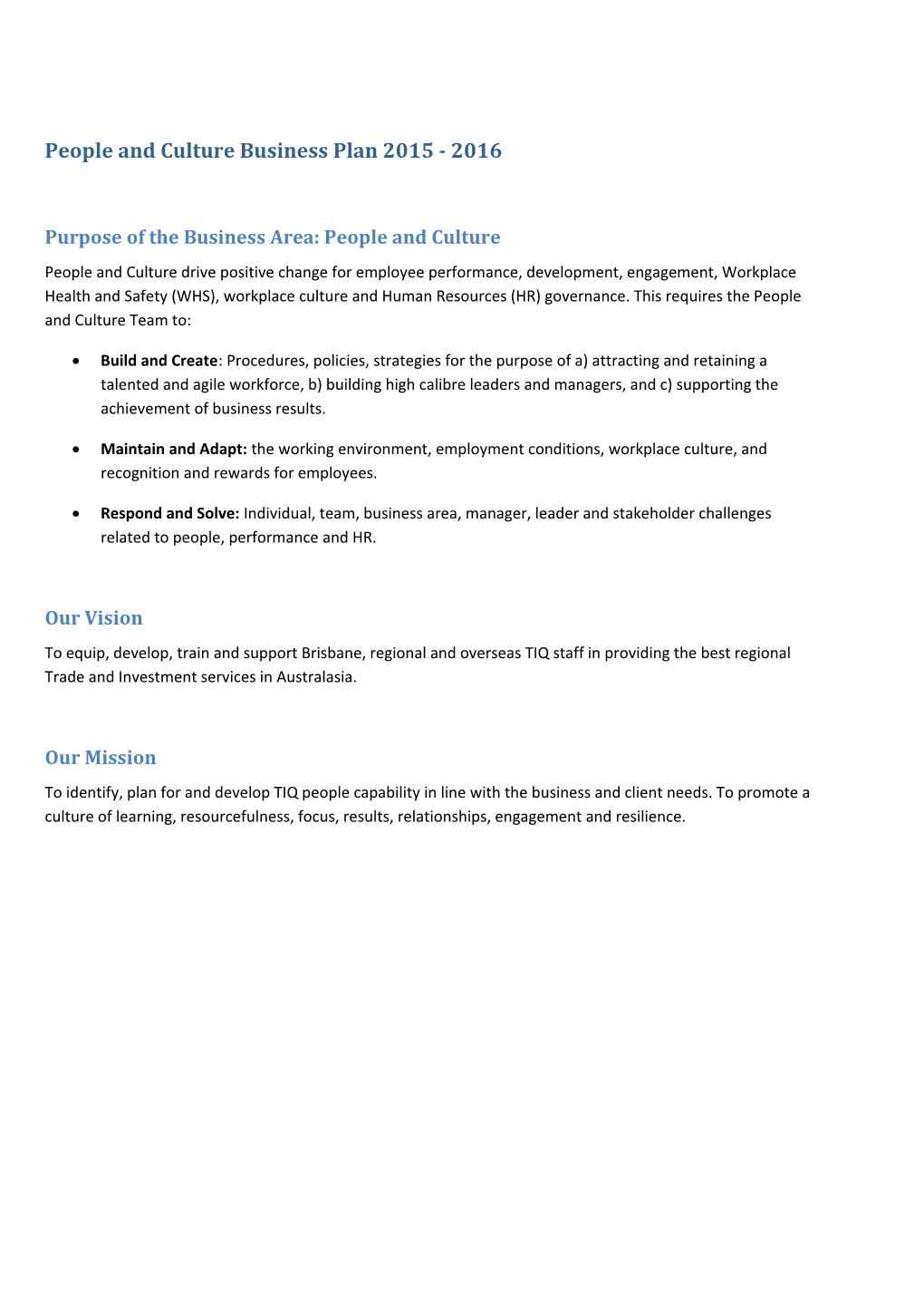 People and Culture Business Plan 2015 - 2016
