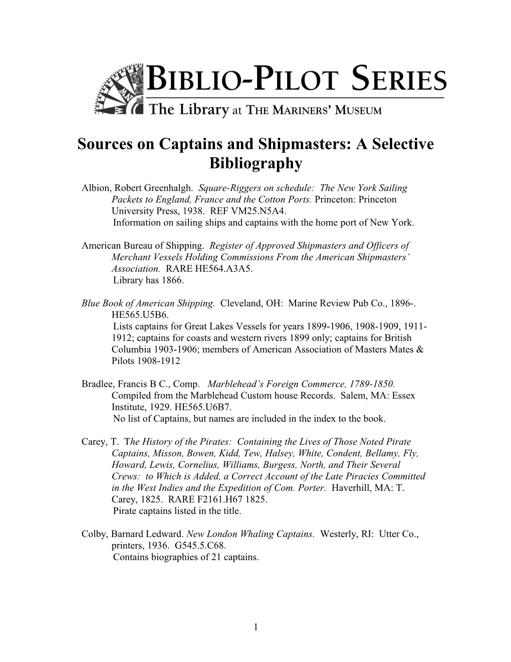 Sources on Captains and Shipmasters: a Selective Bibliography