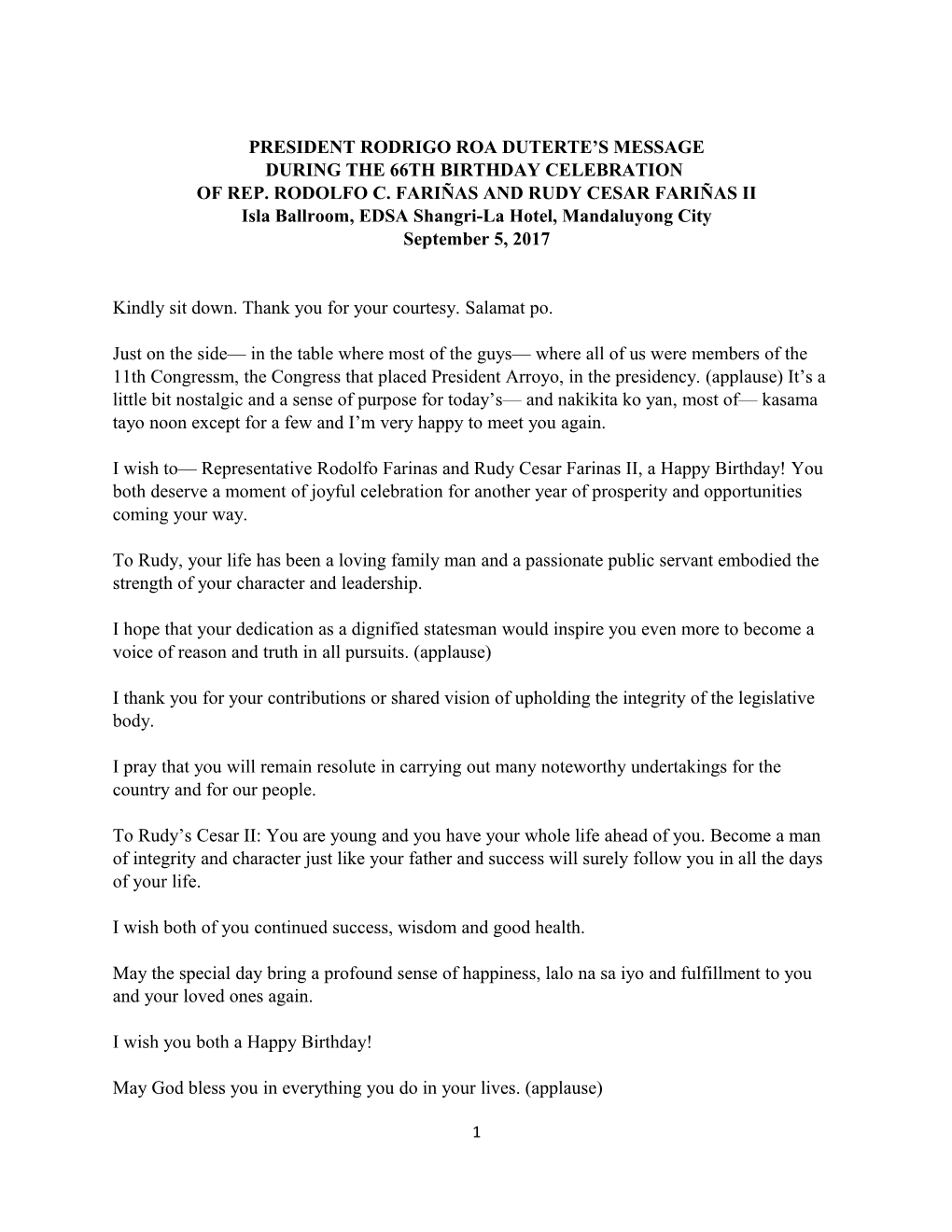 President Rodrigo Roa Duterte S Message