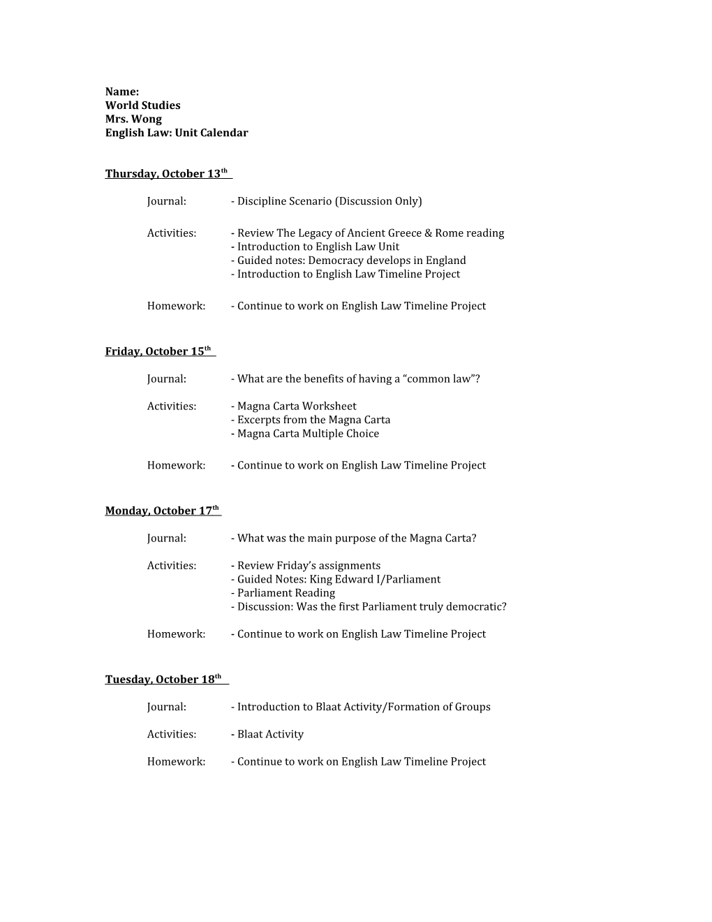 English Law: Unit Calendar