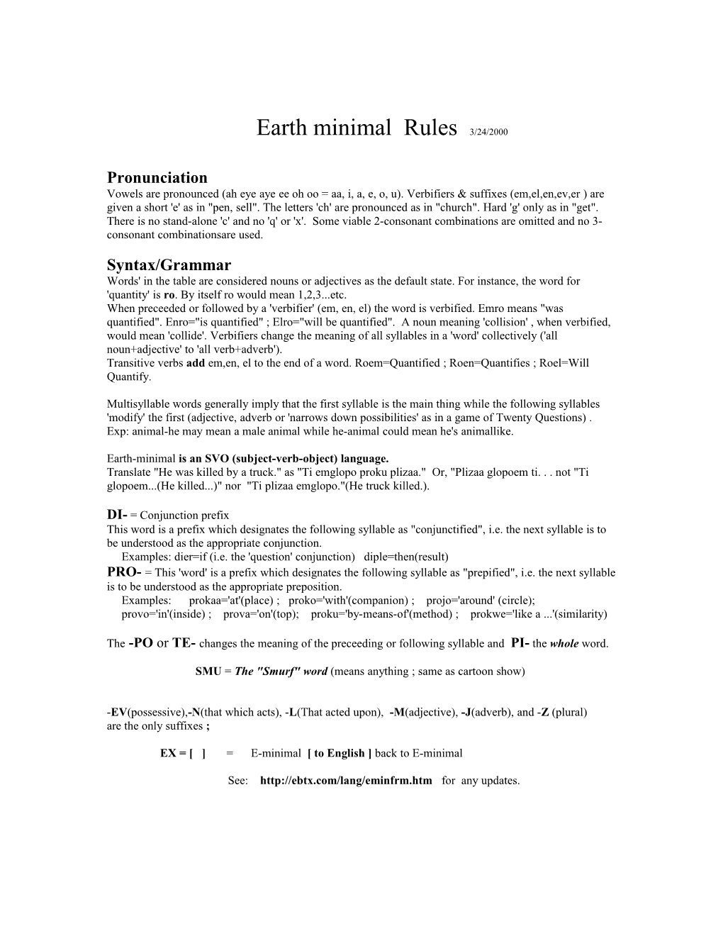 Earth Minimal Rules 6/11/97