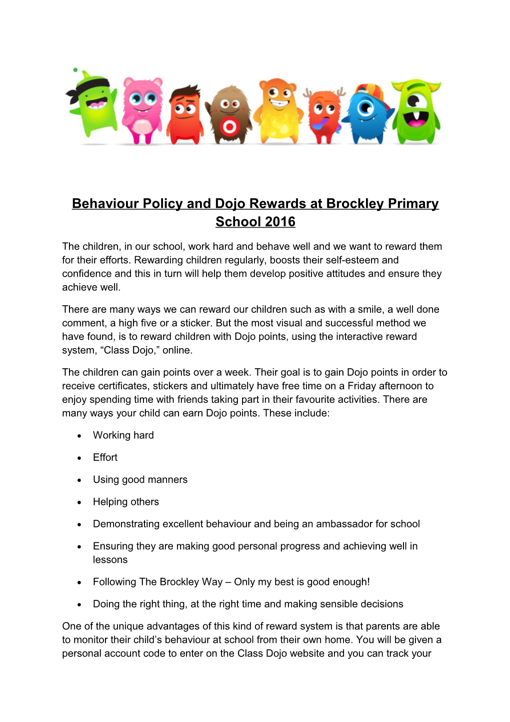 Behaviour Policy and Dojo Rewards at Brockley Primary School 2016