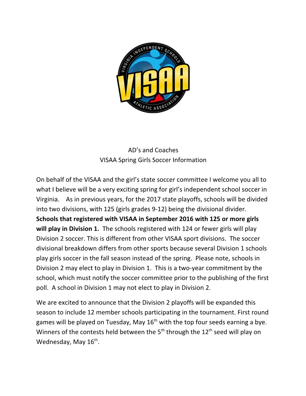 VISAA Spring Girls Soccer Information