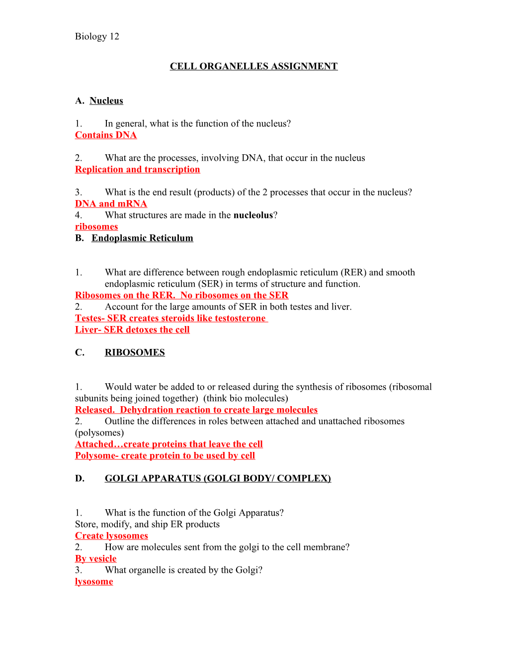 Cell Organelles Assignment